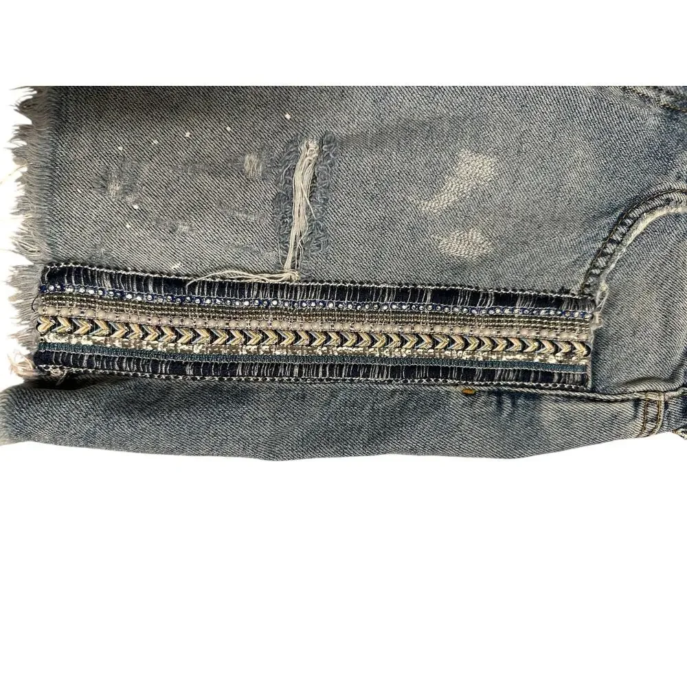 Free People Denim Mini Skirt Beaded Embellished Size 0 Raw Hem - Picture 9 of 9